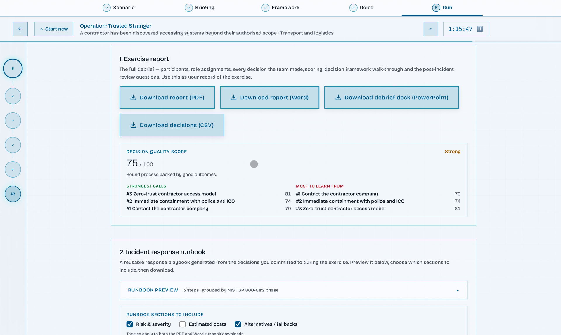Exercise report screen with PDF, Word, PowerPoint and CSV download options plus a decision quality score.
