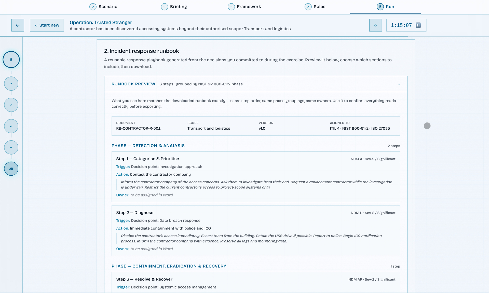 Incident response runbook preview grouped by NIST SP 800-61r2 phase, with steps, triggers, actions and owners.